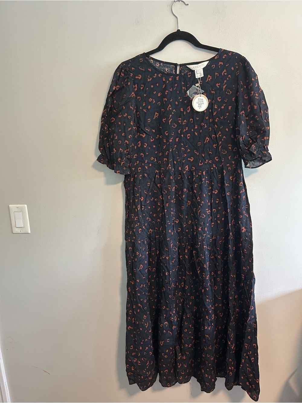 NEW Apricot small navy & orange cheetah Midi short puff sleeve Dress
